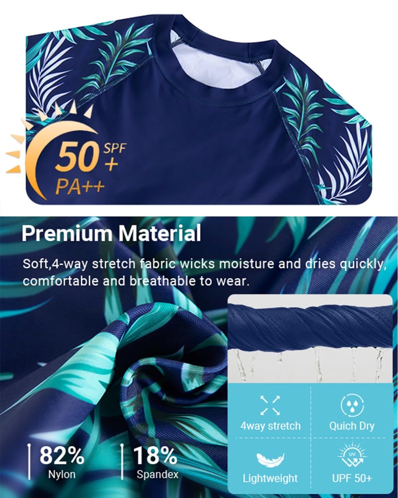 Daci Women Blue Leaves Two Piece Rash Guard Long Sleeve Swimsuits UV UPF 50+ Swim Shirt Bathing Suit with Boyshort Bottom M - Image 4